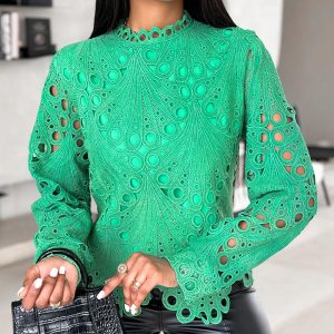 Stand Collar Lace Asymmetrical Hem Top, Blouses & Shirts, chicme - Women's Fashion Online