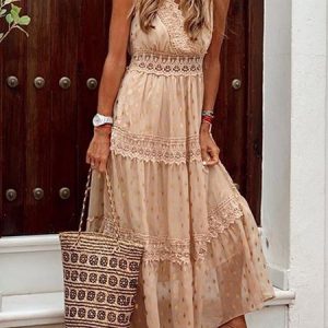 Women Polka Dots V Neck Sleeveless Comfy Casual Lace Maxi Dress, Dresses, color:Apricot|size:3XL, Noracora