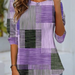 Plaid Casual Loose Crew Neck T-Shirt, Long sleeves, Lilicloth.com