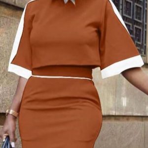 Elegant Regular Fit Crew Neck Color Block Shirt, Blouses and Shirts, color:Tan|size:XXL, Stylewe