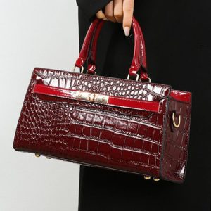 Crocodile Embossed Handbag Commuting Patent PU Leather Square Crossbody Bag, Bags, color:Wine Red|size:One-size, Stylewe