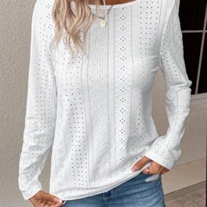 Crew Neck Long Sleeve Plain Regular Micro-Elasticity Loose Shirt For Women 2023, Blouses, color:White|size:XXL, Noracora