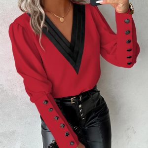Contrast Paneled Gigot Sleeve Buttoned Top, Blouses & Shirts, chicme - Women's Fashion Online