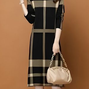 Urban Long Sleeve Plaid Sweater Midi Dress With No Belt, Midi Dresses, color:Black|size:XXL, Stylewe