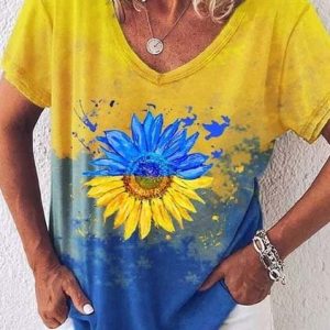 Sunflower Casual Ombre V Neck Short Sleeve T-Shirt, T-shirts, color:Yellow|size:XXL, catalog Noracora shop