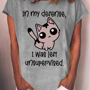 Women's Funny Cat Crew Neck Casual Text Letters Loose T-Shirt, T-shirts, Lilicloth.com