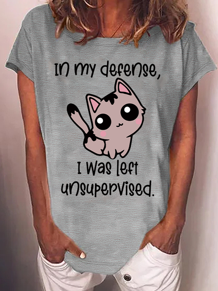 Women's Funny Cat Crew Neck Casual Text Letters Loose T-Shirt, T-shirts, Lilicloth.com