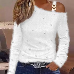Cold Shoulder Long Sleeve Beaded Fluffy Top, T-shirt & Tees, chicme - Women's Fashion Online