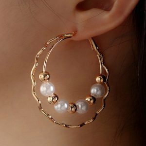 Elegant Double Layer Beaded Imitation Pearl Hoop Earrings, Earrings, color:As Picture|size:One-size, Stylewe
