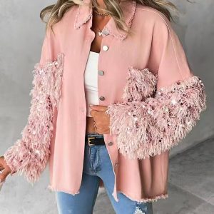 Sequin Decor Turn-down Collar Button Front Pockets Design Denim Coat Casual Fuzzy Spliced Raw Trim Shacket, women Jackets & Coats, ChicMe catalog