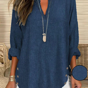 Notched Long Sleeve Plain Buckle Regular Loose Shirt For Women, Blouses, color:Blue|size:XXL, Noracora