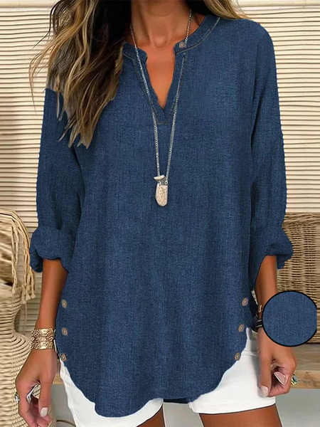 Women's Long Sleeve Blouse Spring/Fall Plain Buckle Notched Daily Going Out Casual Top Blue, JustFashionNow Shirts & Blouses, color:Blue|size:XXL,