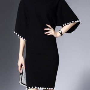 Solid Elegant Half Sleeve Plain Mini Dress, Mini Dresses, color:Black|size:XXL, Stylewe