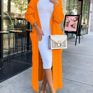 Plain Urban Long Sleeve Loose Cardigan, Cardigans, color:Orange|size:XXL, Stylewe