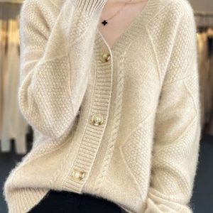 Women Wool/Knitting Plain Long Sleeve Comfy Casual Cardigan, Cardigans, color:Beige|size:XL, Noracora