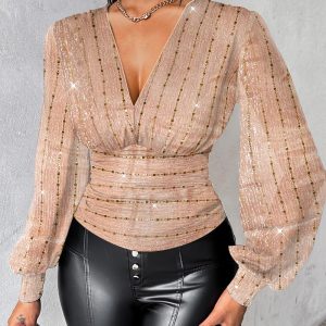 Plunge Lantern Sleeve Sequin Mesh Top, T-shirt & Tees, chicme - Women's Fashion Online