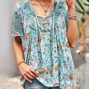Notched Short Sleeve Ethnic Regular Loose Shirt For Women, Blouses, color:Blue|size:XL, Noracora
