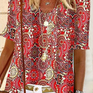 Women's Short Sleeve Blouse Summer Ethnic Crew Neck Vacation Going Out Casual Top Red, JustFashionNow Blouses, color:Red|size:XXL,