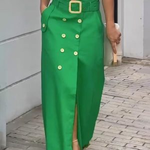 Regular Fit Urban Plain Skirt With Belt, Skirts, color:Green|size:XXL, Stylewe