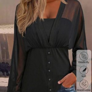 Square Neck Long Sleeve Plain Regular Micro-Elasticity Loose Shirt For Women, Blouses, color:Black|size:XXL, Noracora
