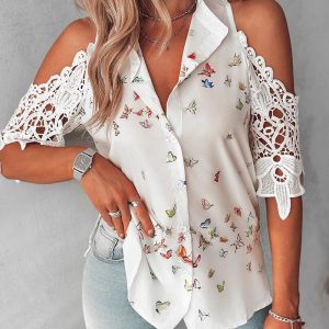 Butterfly Print Lace Patch Cold Shoulder Top, Blouses & Shirts, chicme - Women's Fashion Online