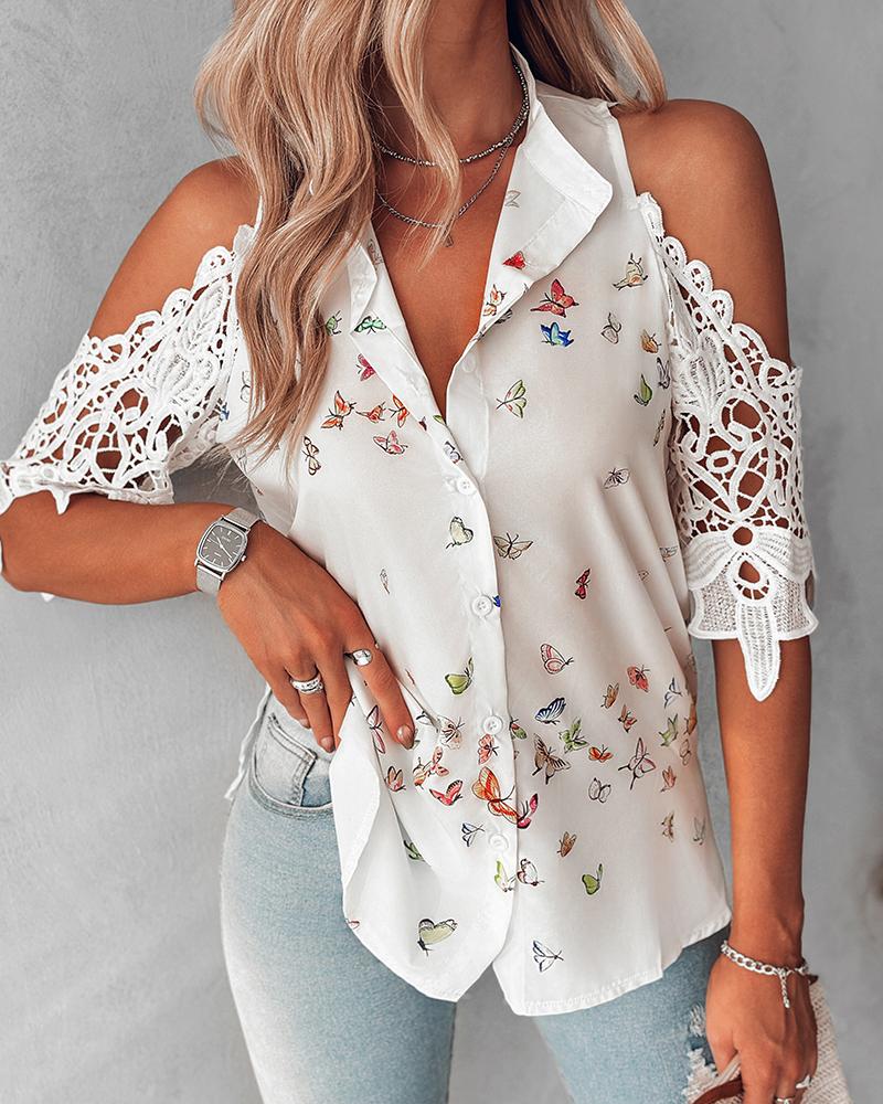 Butterfly Print Lace Patch Cold Shoulder Top, Blouses & Shirts, chicme - Women's Fashion Online