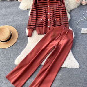 Women Striped V Neck Long Sleeve Comfy Casual Split Joint Top With Pants Two-Piece Set, Sets, color:Rust|size:L, Noracora