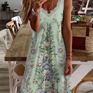 Floral Regular Fit Sleeveless Lace Knit Dress, Short, color:Green|size:XXL, Noracora