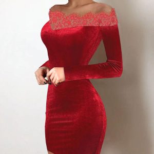Eyelash Lace Off Shoulder Velvet Bodycon Dress, Bodycon Dresses, chicme - Women's Fashion Online