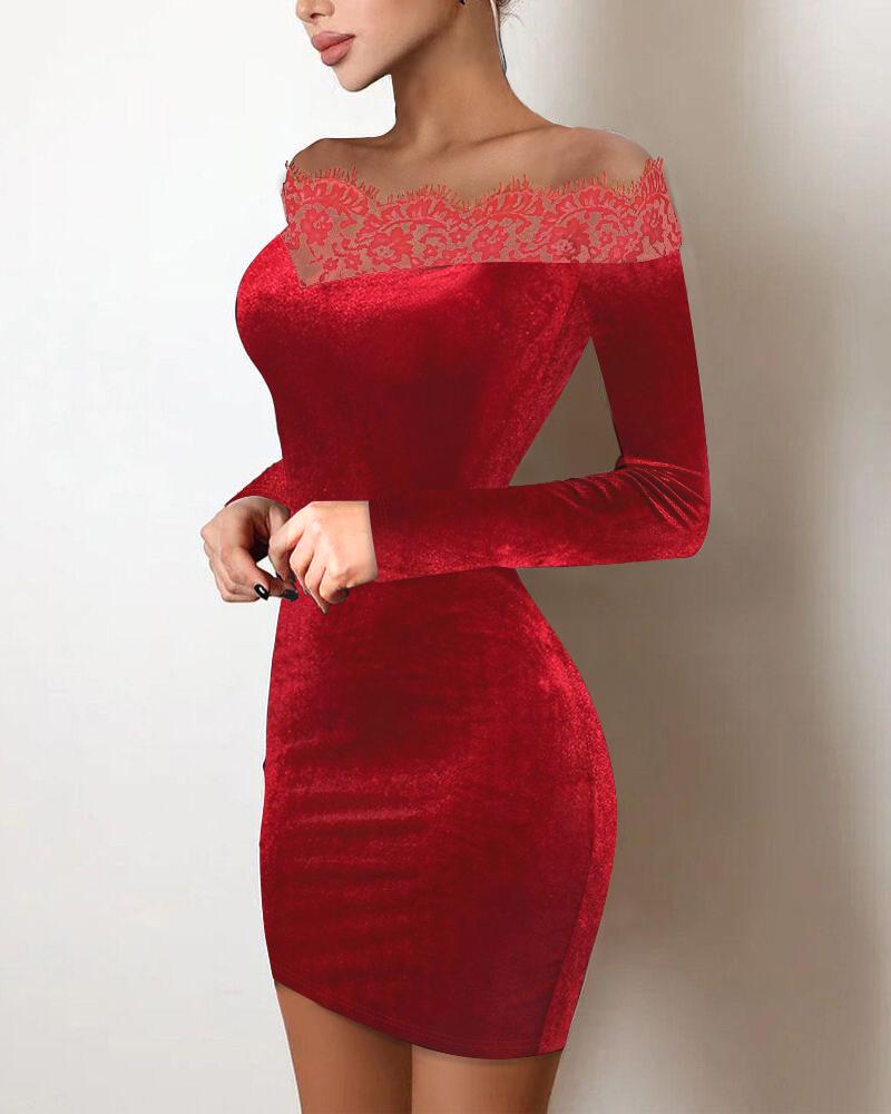 Eyelash Lace Off Shoulder Velvet Bodycon Dress, Bodycon Dresses, chicme - Women's Fashion Online