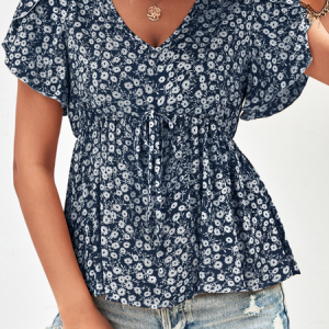 V Neck Short Sleeve Plain Regular Regular Fit Shirt For Women, Blouses, color:Purplish blue|size:XL, Noracora