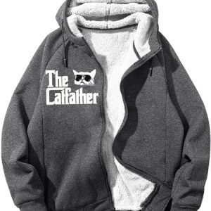 Men's Cat Father Cool Black Cat Funny Graphic Print Hoodie Zip Up Sweatshirt Warm Jacket With Fifties Fleece, Hoodies&Sweatshirts, Lilicloth.com