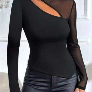 Turtleneck Long Sleeve Plain Mesh Regular High Elasticity Regular Fit Shirt For Women, Blouses, color:Black|size:XXL, Noracora