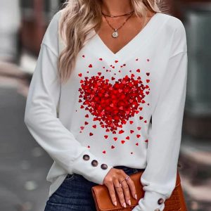 Valentine's Day Heart Print Long Sleeve Top, T-shirt & Tees, chicme - Women's Fashion Online