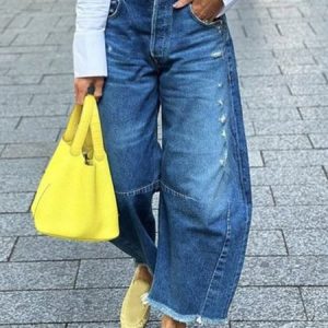 Plain Casual Denim Pockets Horseshoe Wide Leg Jeans, Jeans, color:Blue|size:XXL, Stylewe