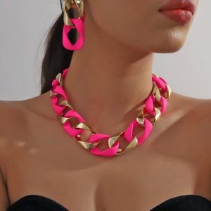Twist Link Chain Fashionable Jewelry Set, Necklaces, color:Rose Red|size:One-size, Stylewe
