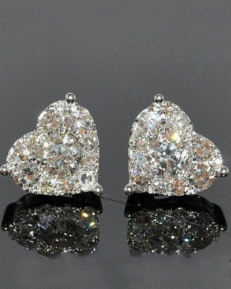 1Pair Heart Shaped Rhinestone Earrings, Earrings, chicme - Women's Fashion Online