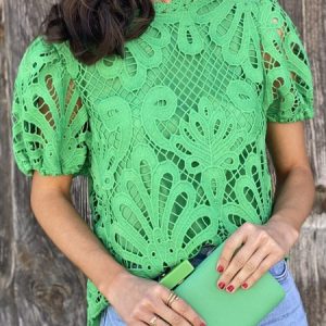 Crew Neck Short Sleeve Plain Regular Loose Shirt For Women, Blouses, color:Green|size:XXL, Noracora