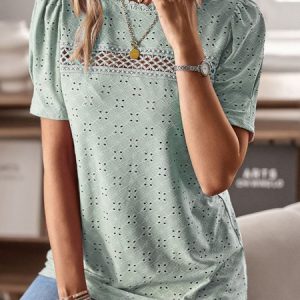 Crew Neck Short Sleeve Plain Regular Micro-Elasticity Loose Shirt For Women, Blouses, color:Green|size:XL, Noracora