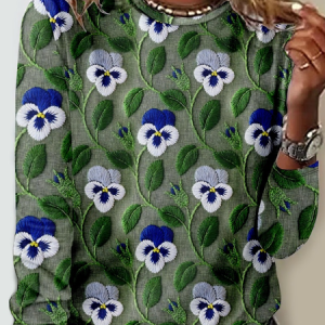 3D Flower Printing Casual Crew Neck Long Sleeve Shirt, Long sleeves, Lilicloth.com