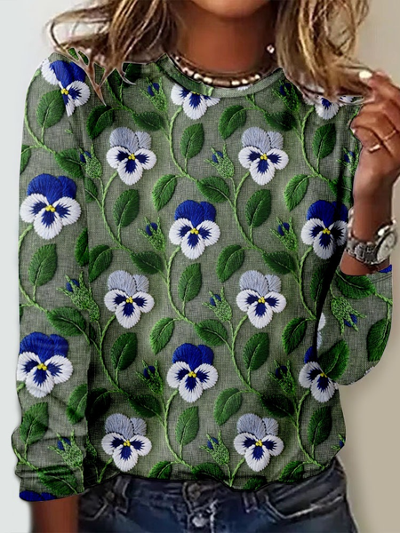3D Flower Printing Casual Crew Neck Long Sleeve Shirt, Long sleeves, Lilicloth.com