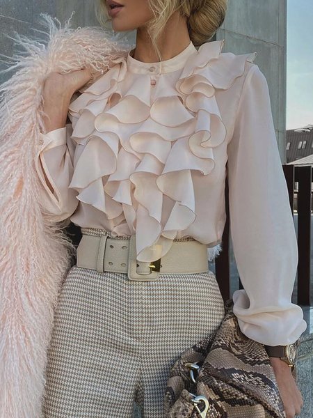 Stand Collar Plain Flouncing Elegant Blouse, Blouses and Shirts, color:As Picture|size:XXL, Stylewe