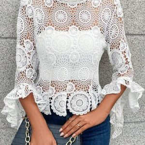 Stand Collar Three Quarter Sleeve Plain Lace Regular Regular Fit Shirt For Women, Blouses, color:White|size:XXL, Noracora