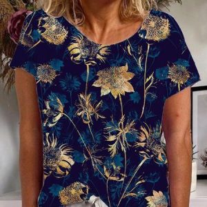 Cotton-Blend Short Sleeve T-shirt, T-shirts, color:Blue|size:3XL, Noracora