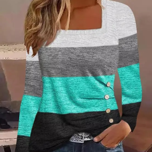 Casual Loose Color Block Crew Neck T-Shirt, Long sleeves, Lilicloth.com