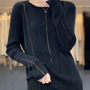Women Wool/Knitting Plain Long Sleeve Comfy Casual Hollow Out Sweater, Sweaters, color:Black|size:XXL, Noracora