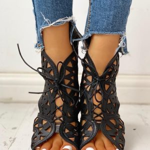 Hollow Out Lace-up PU Wedge Sandals, Wedges Shoes, chicme - Women's Fashion Online