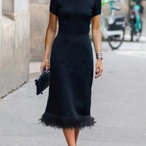 Elegant Crew Neck Feathered Hem Midi Dress, Midi Dresses, color:Black|size:XXL, Stylewe