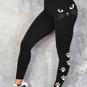 Black Cat Face Paw Print Comfy Leggings, Pants, Roselinlin - Online Catalog