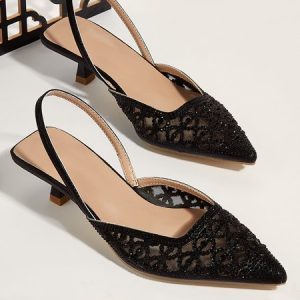 Elegant Rhinestone Hollow Out Mesh Kitten Heeled Sandals, Heels, color:Black|size:43, Stylewe